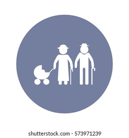 Flat icon. Elderly couple with a pram.