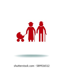 Flat icon. Elderly couple with a pram.