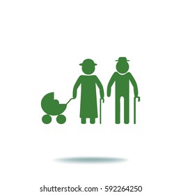 Flat Icon. Elderly Couple With A Pram.