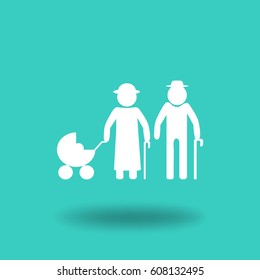 Flat icon. Elderly couple with a pram.