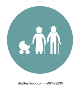 Flat icon. Elderly couple with a pram.