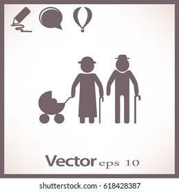 Flat icon. Elderly couple with a pram.