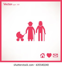 Flat icon. Elderly couple with a pram.