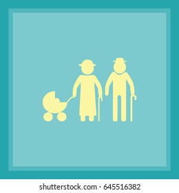 Flat icon. Elderly couple with a pram.