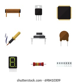 Flat Icon Electronics Set Of Calculate, Triode, Memory And Other Vector Objects. Also Includes Fiildistor, Coil, Resistor Elements.