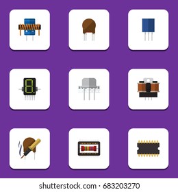 Flat Icon Electronics Set Of Coil Copper, Bobbin, Display And Other Vector Objects. Also Includes Mainframe, Spool, Resist Elements.