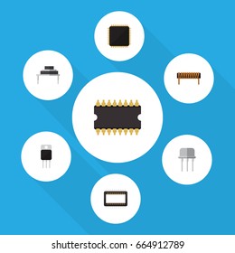 Flat Icon Electronics Set Of Cpu, Microprocessor, Resist And Other Vector Objects. Also Includes Bobbin, Resistor, Resist Elements.