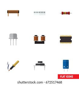 Flat Icon Electronics Set Of Destination, Resist, Resistance And Other Vector Objects. Also Includes Bobbin, Iron, Electronics Elements.