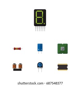 Flat Icon Electronics Set Of Microprocessor, Transducer, Transistor And Other Vector Objects. Also Includes Set, Calculate, Calculator Elements.