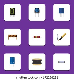 Flat Icon Electronics Set Of Microprocessor, Transducer, Resistor And Other Vector Objects. Also Includes Calculator, Coil, Receptacle Elements.