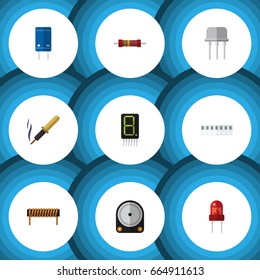 Flat Icon Electronics Set Of Repair, Resist, Bobbin And Other Vector Objects. Also Includes Transducer, Hard, Resistance Elements.