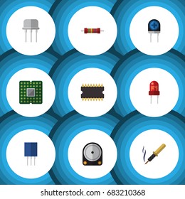 Flat Icon Electronics Set Of Repair, Microprocessor, Receptacle And Other Vector Objects. Also Includes Hard, Resistor, Iron Elements.
