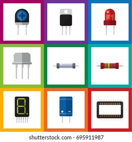 Flat Icon Electronics Set Of Resistor, Display, Transistor And Other Vector Objects. Also Includes Transducer, Fiildistor, Mainframe Elements.