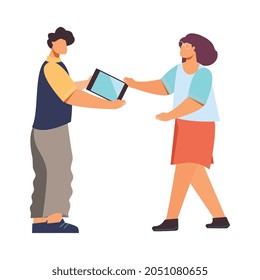 Flat icon with electronics store seller giving tablet to buyer vector illustration