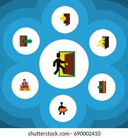 Flat Icon Emergency Set Of Evacuation, Exit, Directional And Other Vector Objects. Also Includes Emergency, Exit, Fire Elements.
