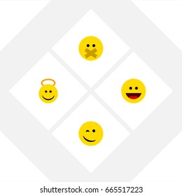 Flat Icon Emoji Set Of Angel, Winking, Hush And Other Vector Objects. Also Includes Hush, Winking, Grin Elements.