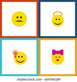 Flat Icon Emoji Set Of Angel, Displeased, Caress And Other Vector Objects. Also Includes Face, Cheerful, Kiss Elements.