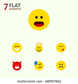 Flat Icon Emoji Set Of Angel, Delicious Food, Grin And Other Vector Objects. Also Includes Pouting, Face, Cheerful Elements.