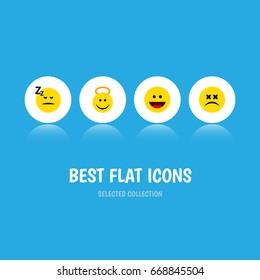 Flat Icon Emoji Set Of Asleep, Laugh, Cross-Eyed Face And Other Vector Objects. Also Includes Dizzy, Angel, Asleep Elements.