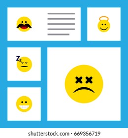 Flat Icon Emoji Set Of Asleep, Grin, Cheerful And Other Vector Objects. Also Includes Whiskers, Sleeping 