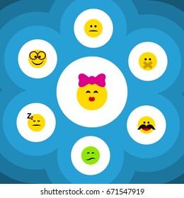 Flat Icon Emoji Set Of Caress, Frown, Cheerful And Other Vector Objects. Also Includes Sleeping, Sad, Cheerful Elements.