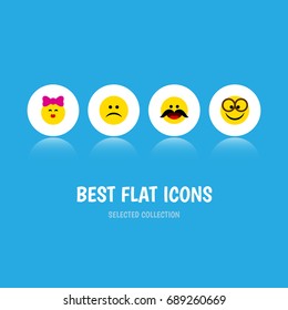 Flat Icon Emoji Set Of Cheerful, Sad, Caress And Other Vector Objects. Also Includes Sad, Cheerful, Kiss Elements.