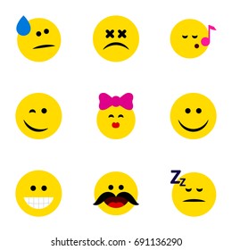 Flat Icon Emoji Set Of Cheerful, Asleep, Caress And Other Vector Objects. Also Includes Dizzy, Emoji, Grin Elements.