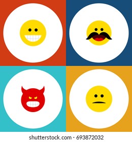 Flat Icon Emoji Set Of Cheerful, Displeased, Grin And Other Vector Objects. Also Includes Emoji, Smile, Displeased Elements.