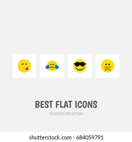 Flat Icon Emoji Set Of Cold Sweat, Happy, Hush And Other Vector Objects. Also Includes Silent, Smile, Sunglasses Elements.