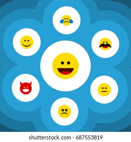 Flat Icon Emoji Set Of Cold Sweat, Displeased, Pouting And Other Vector Objects. Also Includes Sad, Cheerful, Emoji Elements.