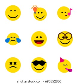 Flat Icon Emoji Set Of Cold Sweat, Party Time Emoticon, Have An Good Opinion And Other Vector Objects. Also Includes Emoji, Laugh, Fun Elements.