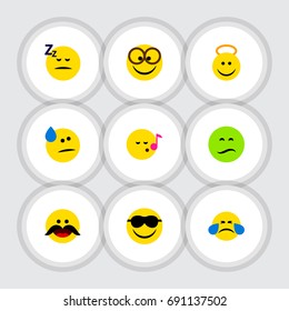 Flat Icon Emoji Set Of Cold Sweat, Angel, Asleep And Other Vector Objects. Also Includes Sing, Asleep, Pleasant Elements.