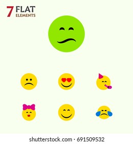 Flat Icon Emoji Set Of Cold Sweat, Frown, Party Time Emoticon And Other Vector Objects. Also Includes Smile, Sad, Kiss Elements.