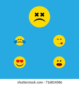 Flat Icon Emoji Set Of Cold Sweat, Love, Cross-Eyed Face And Other Vector Objects. Also Includes Smile, Dizzy, Food Elements.
