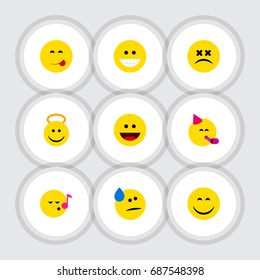 Flat Icon Emoji Set Of Delicious Food, Party Time Emoticon, Laugh And Other Vector Objects. Also Includes Savoring, Angel, Emoticon Elements.