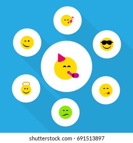 Flat Icon Emoji Set Of Descant, Angel, Party Time Emoticon And Other Vector Objects. Also Includes Delicious, Cheerful, Angel Elements.