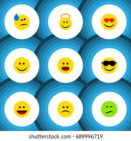 Flat Icon Emoji Set Of Frown, Happy, Love And Other Vector Objects. Also Includes Eyes, Wonder, Sad Elements.