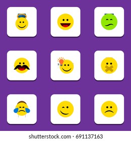 Flat Icon Emoji Set Of Frown, Angel, Winking And Other Vector Objects. Also Includes Whiskers, Hush, Face Elements.