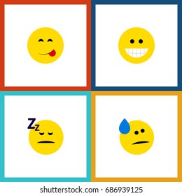 Flat Icon Emoji Set Of Grin, Delicious Food, Asleep And Other Vector Objects. Also Includes Food, Sad, Laugh Elements.