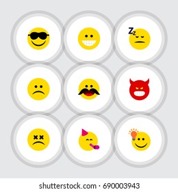 Flat Icon Emoji Set Of Have An Good Opinion, Sad, Grin And Other Vector Objects. Also Includes Happy, Cheerful, Grin Elements.