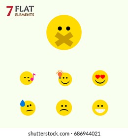 Flat Icon Emoji Set Of Hush, Tears, Grin And Other Vector Objects. Also Includes Heart, Silent, Song Elements.