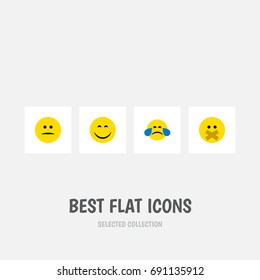 Flat Icon Emoji Set Of Hush, Smile, Cold Sweat And Other Vector Objects. Also Includes Sad, Emoji, Hush Elements.