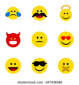 Flat Icon Emoji Set Of Hush, Happy, Cheerful And Other Vector Objects. Also Includes Sad, Happy, Cheerful Elements.