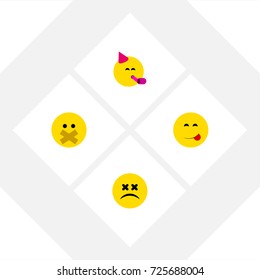 Flat Icon Emoji Set Of Hush, Party Time Emoticon, Delicious Food And Other Vector Objects. Also Includes Emoticon, Food, Fun Elements.