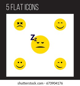 Flat Icon Emoji Set Of Joy, Smile, Asleep And Other Vector Objects. Also Includes Winking, Happy, Emoticon Elements.