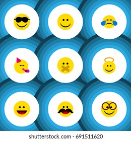 Flat Icon Emoji Set Of Joy, Laugh, Angel And Other Vector Objects. Also Includes Sunglasses, Cheerful, Tears Elements.