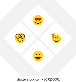 Flat Icon Emoji Set Of Laugh, Pleasant, Have An Good Opinion And Other Vector Objects. Also Includes Eyeglasses, Idea, Pleasant Elements.