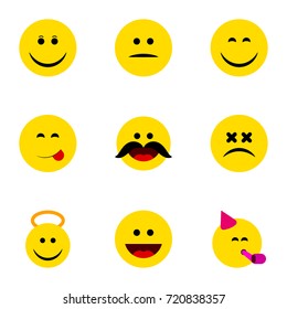 Flat Icon Emoji Set Of Laugh, Angel, Cross-Eyed Face And Other Vector Objects. Also Includes Whiskers, Dizzy, Face Elements.