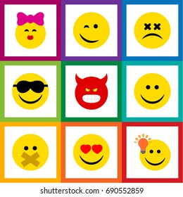 Flat Icon Emoji Set Of Love, Pouting, Cross-Eyed Face And Other Vector Objects. Also Includes Heart, Emoji, Face Elements.