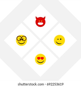 Flat Icon Emoji Set Of Love, Pouting, Winking And Other Vector Objects. Also Includes Heart, Eyes, Eyeglasses Elements.